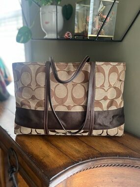 Coach Legacy Signature Jacquard Brown and Tan Tote Striped Interior No. 11099